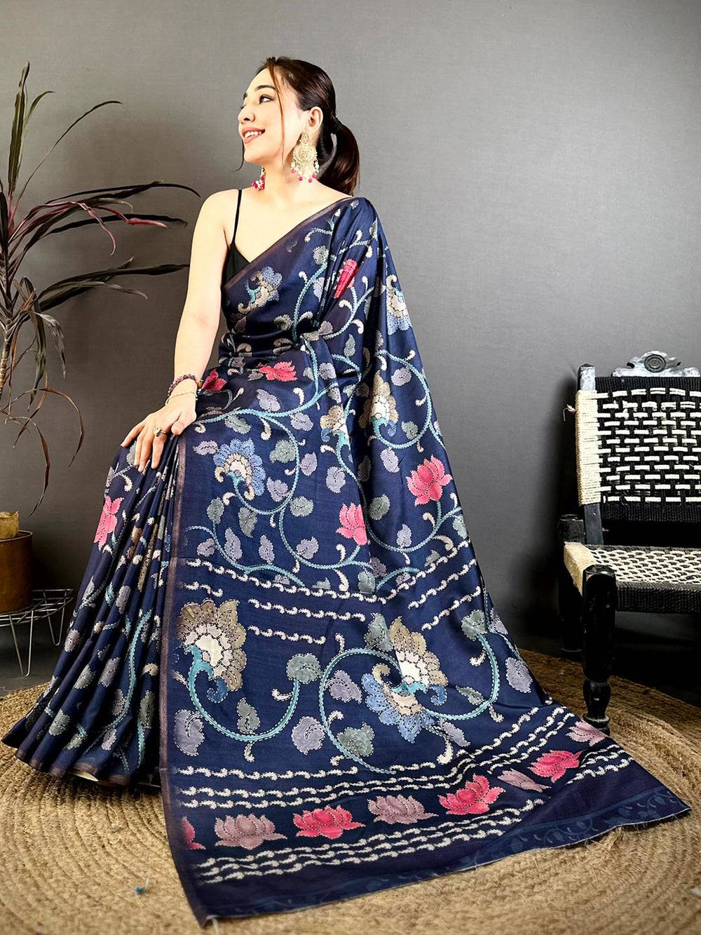 Navy Blue Kalamkari Soft Zarna Silk Saree