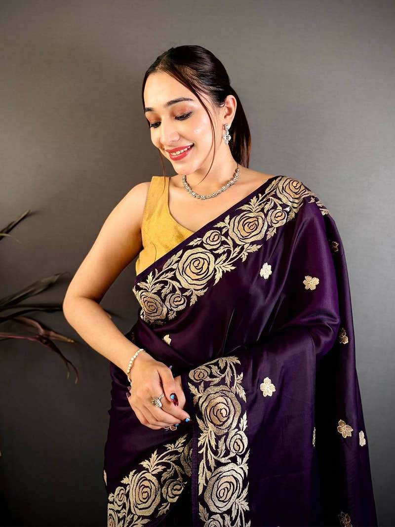 Magenta Aari Jhalar Tussar Satin Saree