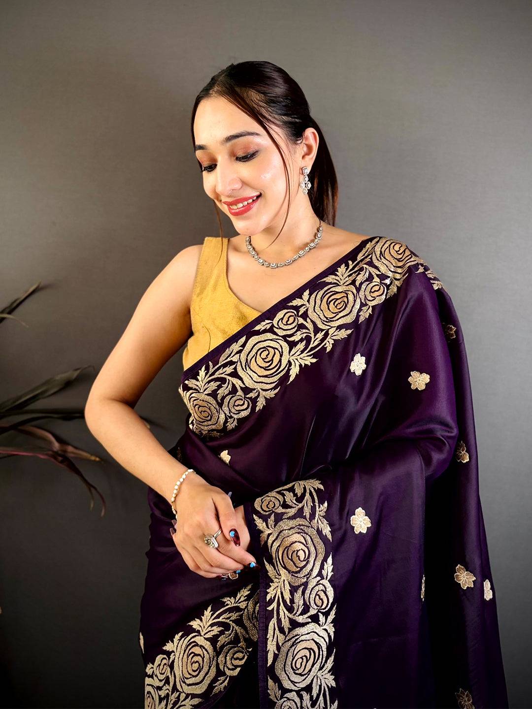 Magenta Aari Jhalar Tussar Satin Saree