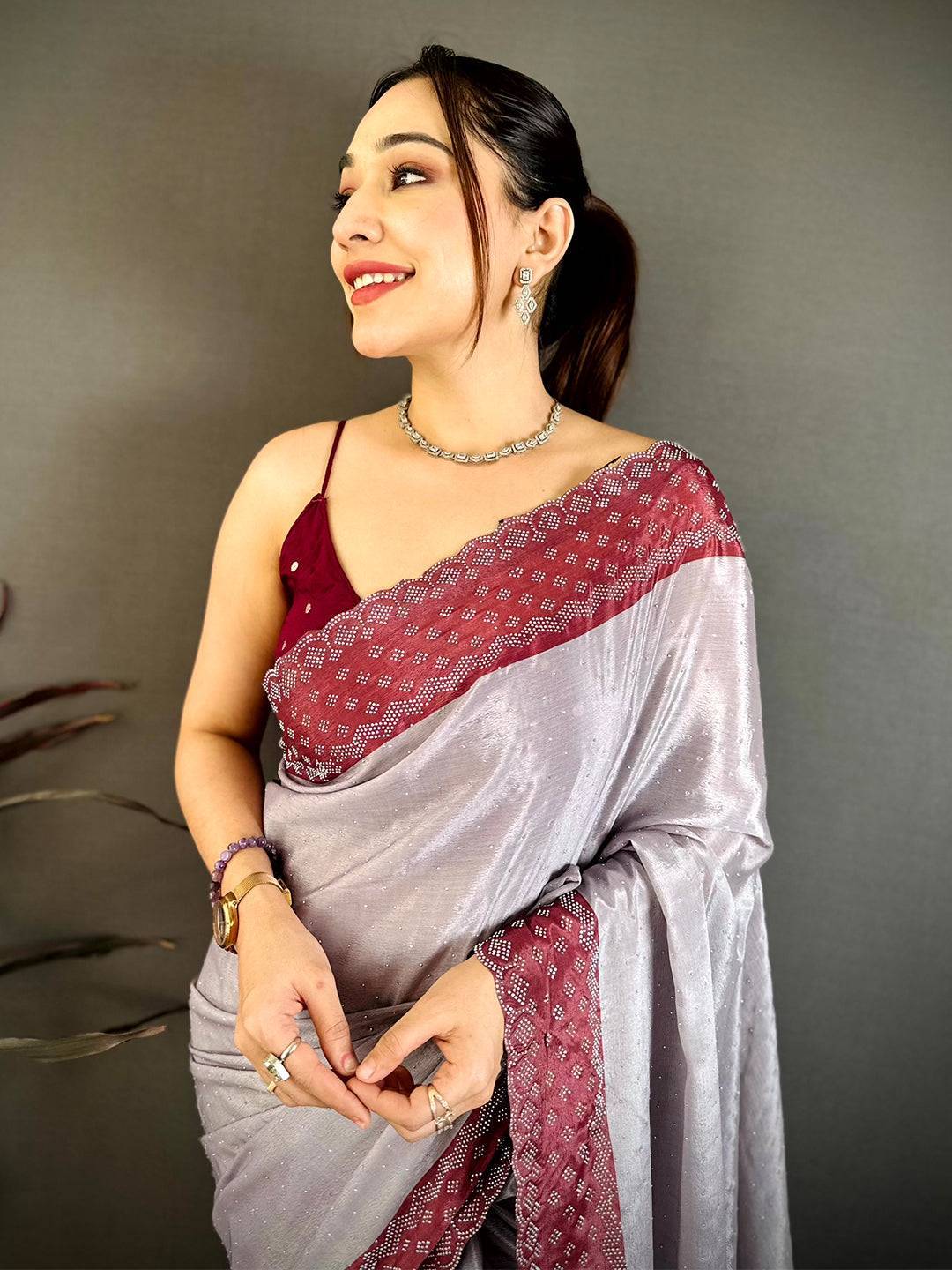 Grey Poly Chiffon Diamond Swaroski Work Saree