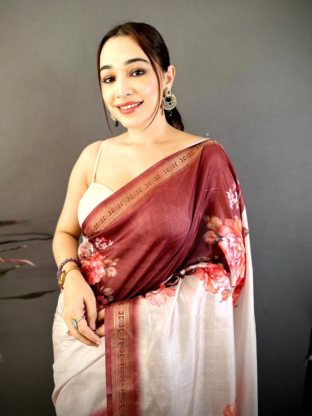 Maroon Soft Silk Floral Lehriya Print Saree