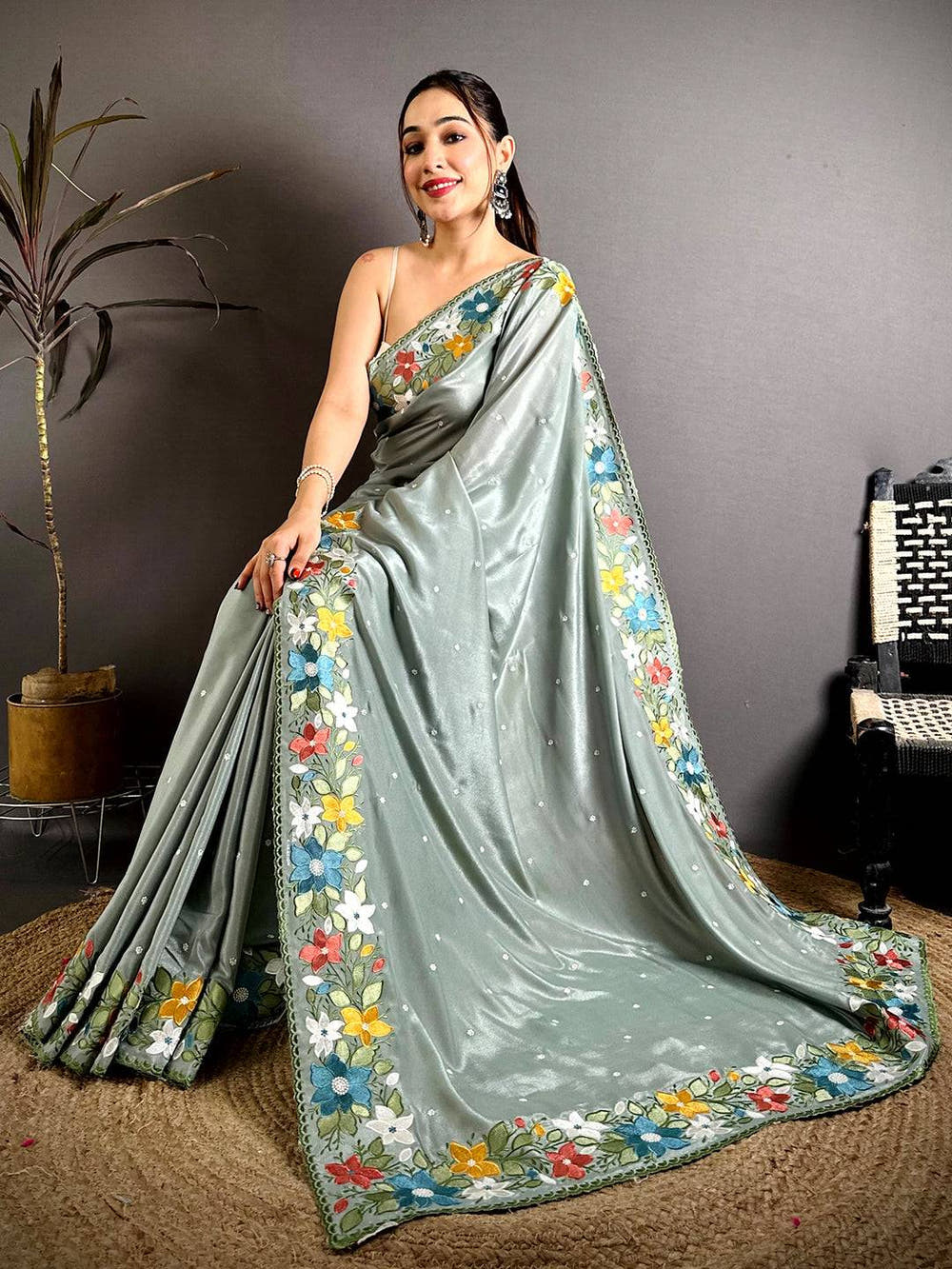 Tradition Floral Embroidered Border Saree