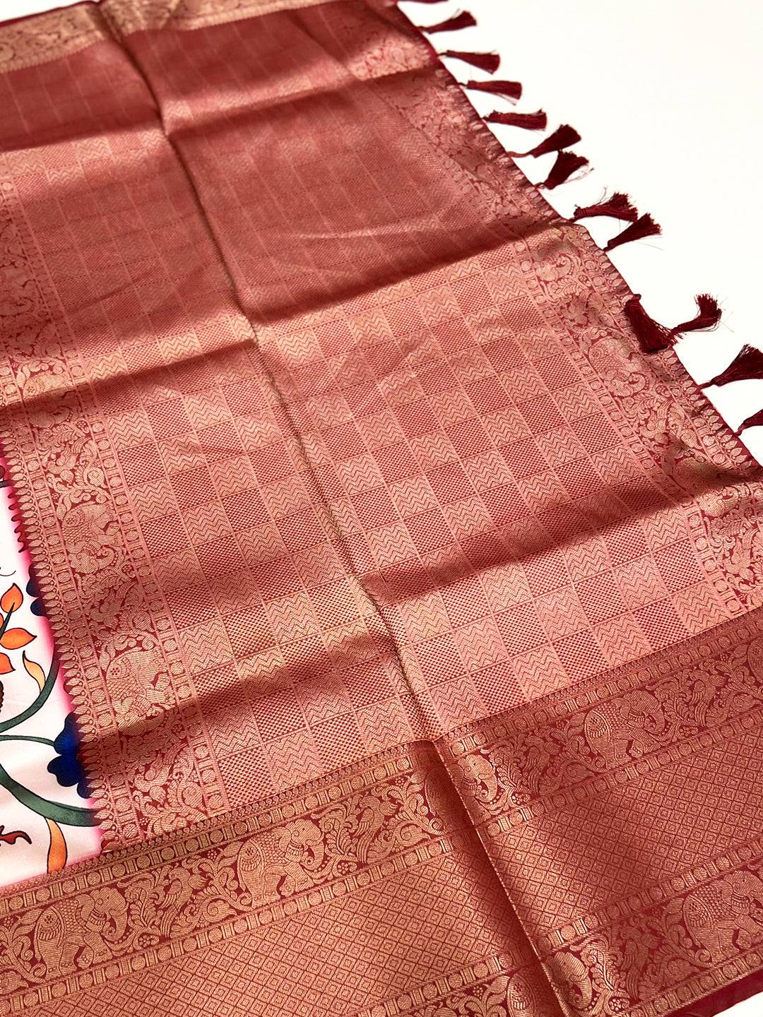 Brown Floral Printed Banarasi Saree