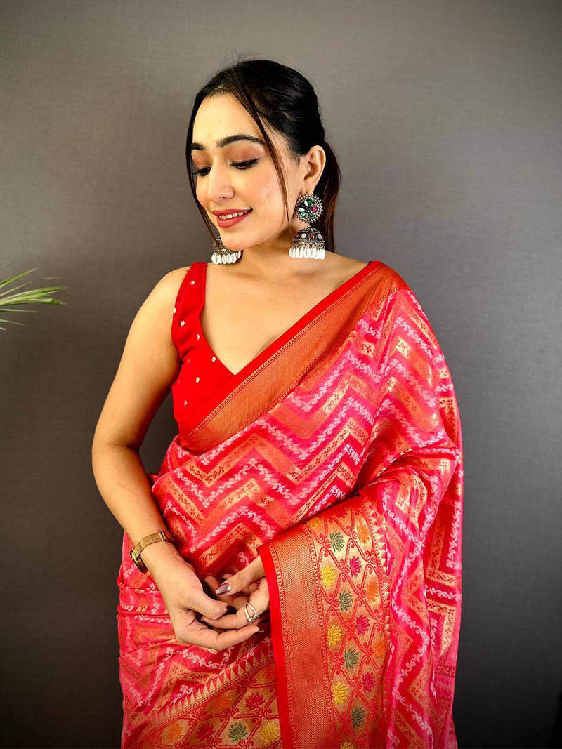 Pink Banarasi Zig Zag Katan Silk Saree