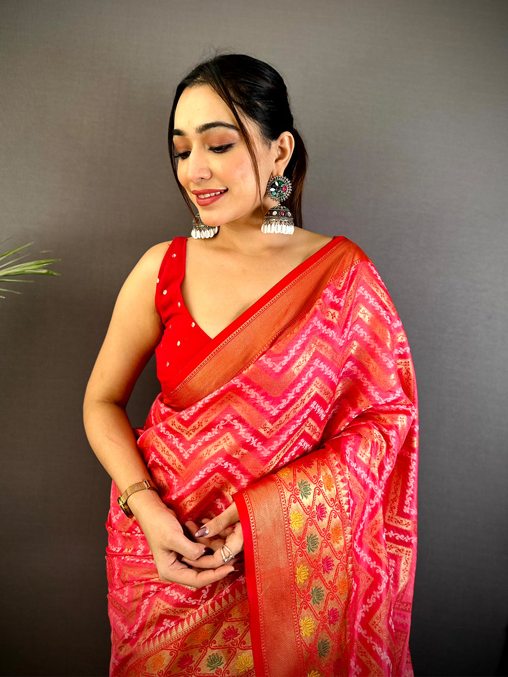 Pink Banarasi Zic Zac Katan Silk Saree