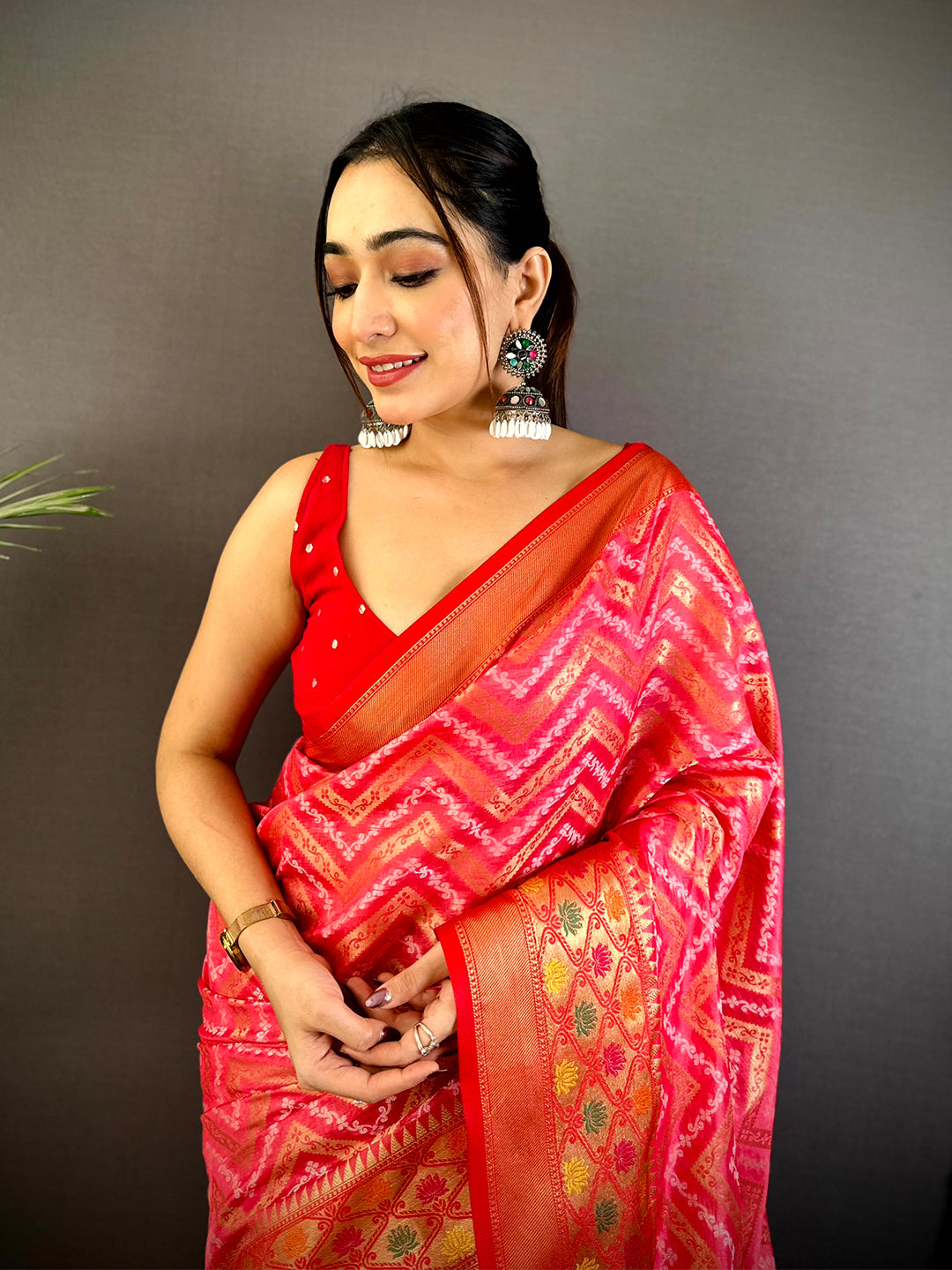 Pink Banarasi Zic Zac Katan Silk Saree