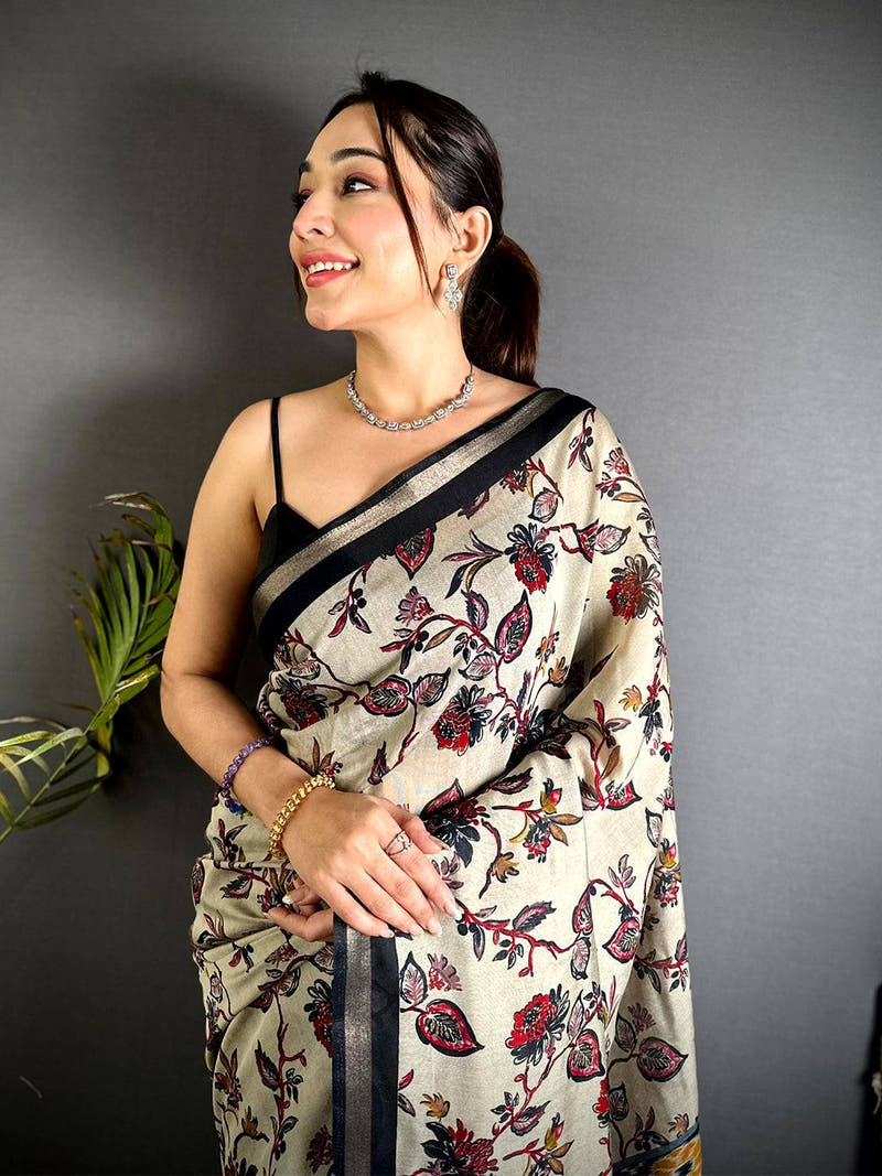 Black Floral Phulkari Mul Cotton Saree