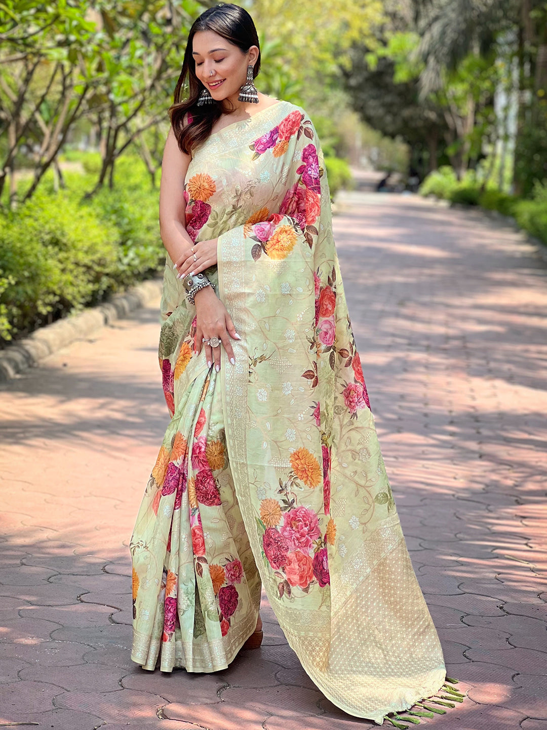 Pista Silk Saree With Lakhnavi Bandla Zari And Digital Floral Print