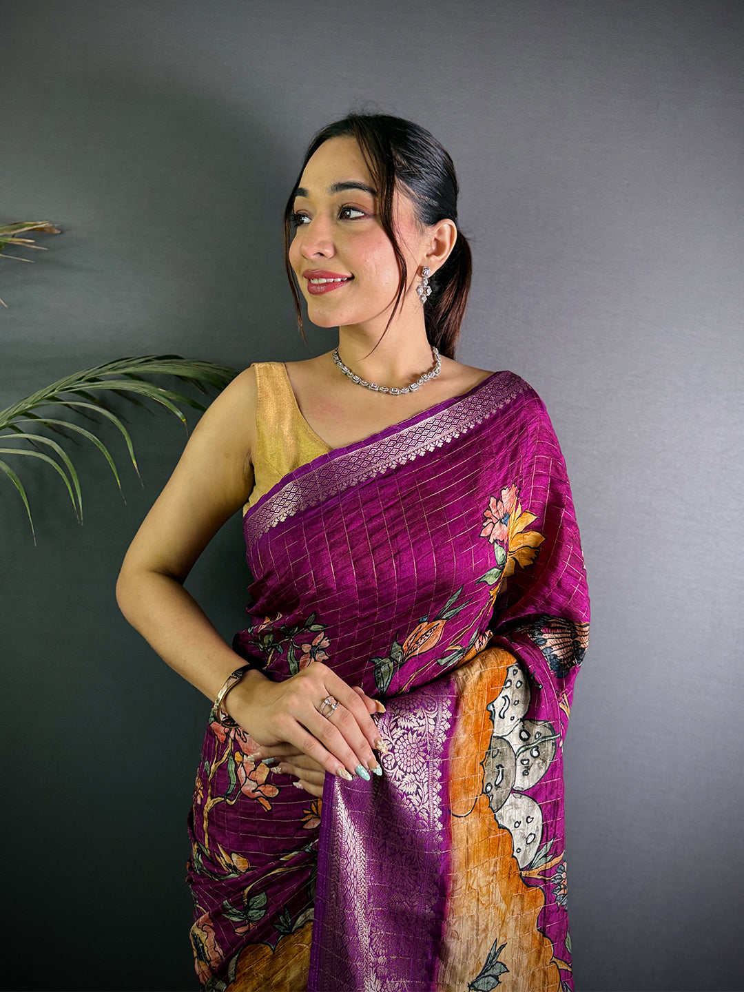 Purple Pure Viscose Kalalmkari Print Saree