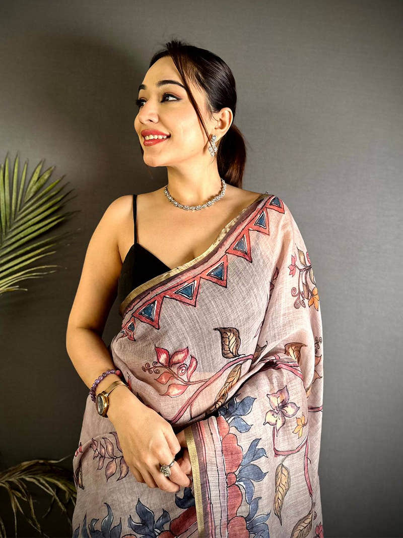 Regal Floral Hand Art Linen Saree