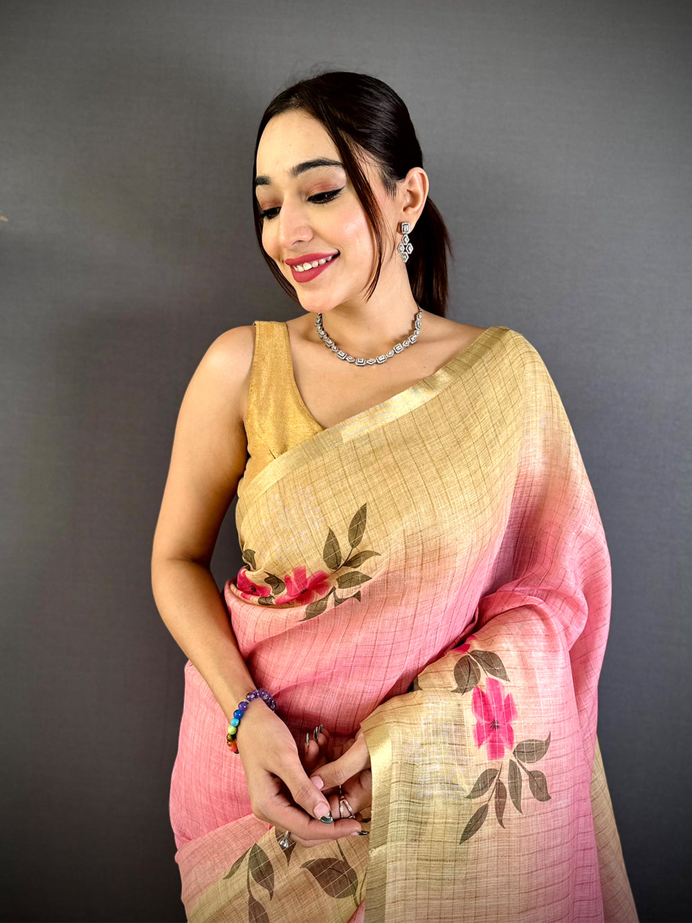 Regal Soft Linen Gold Zari Floral Saree