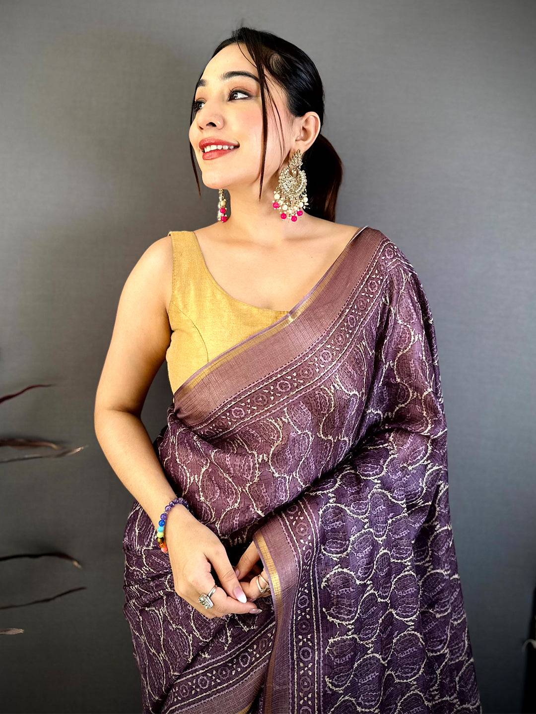 Purple Ajrakh Digital Print Kota Saree