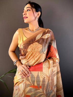 Beige Tussar Silk Floral Prints Saree
