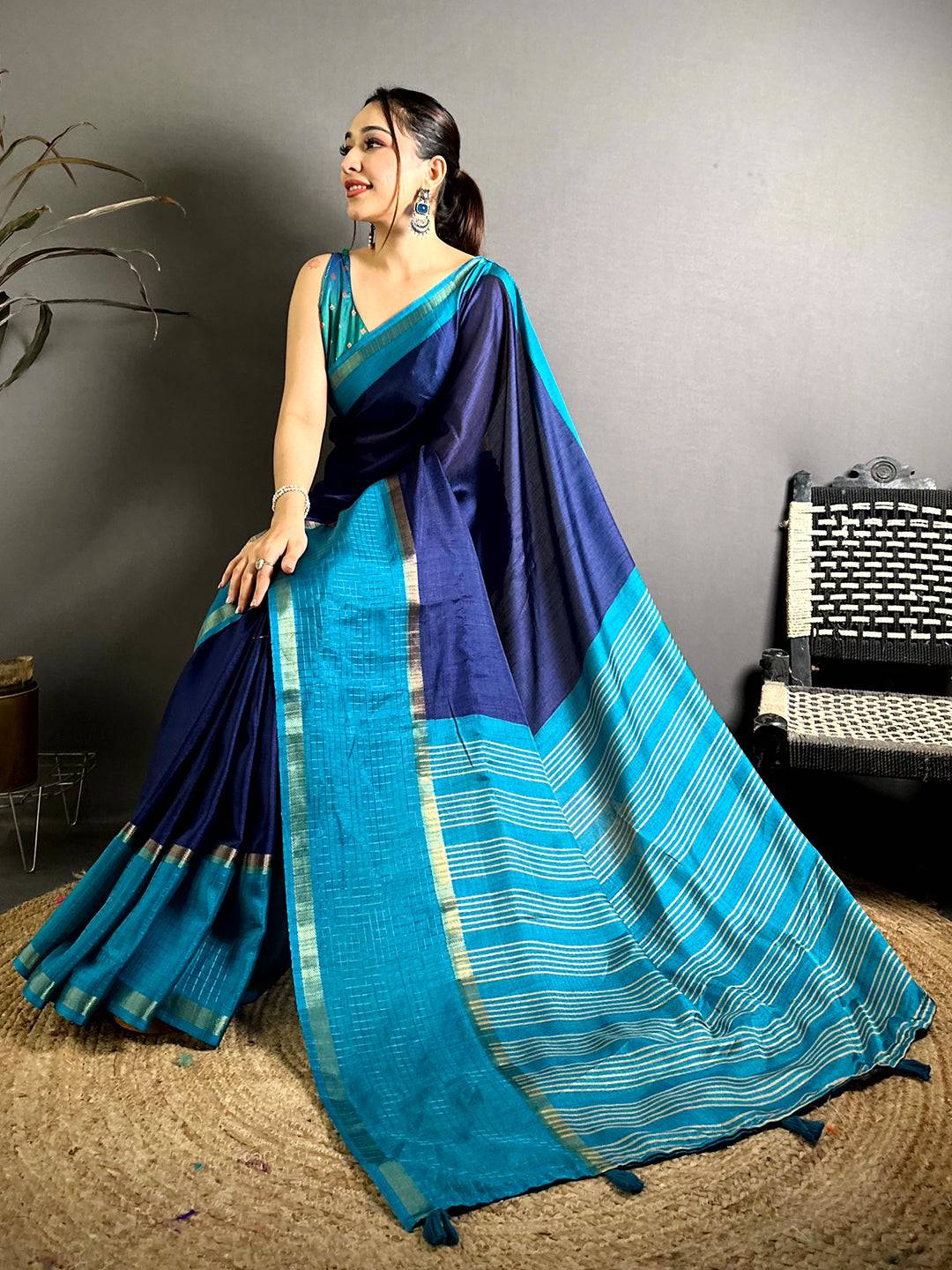 
Navy Soft Kota Crepe Contrast Border Saree