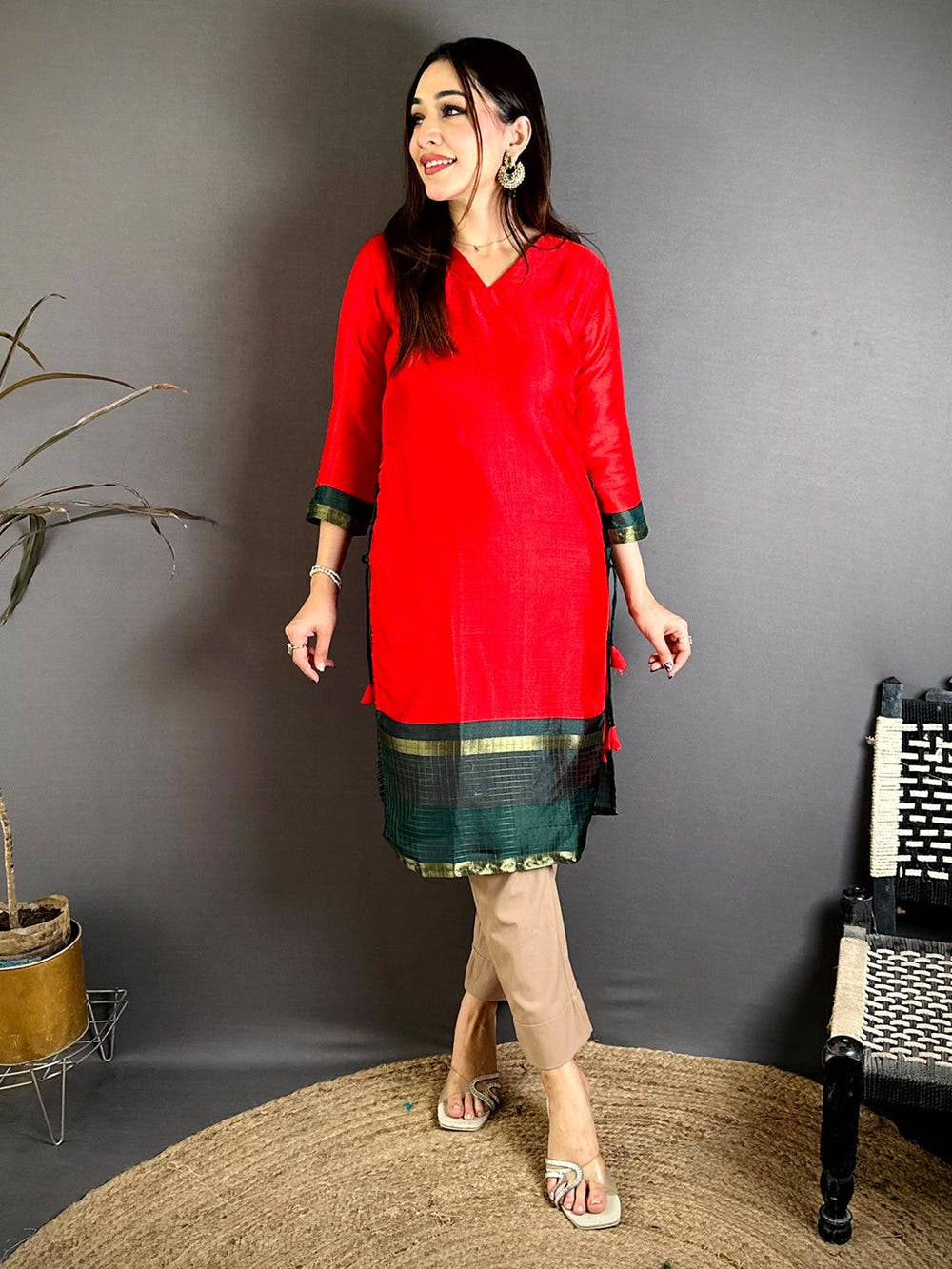 Red Soft Kota Crepe V Neck Kurti