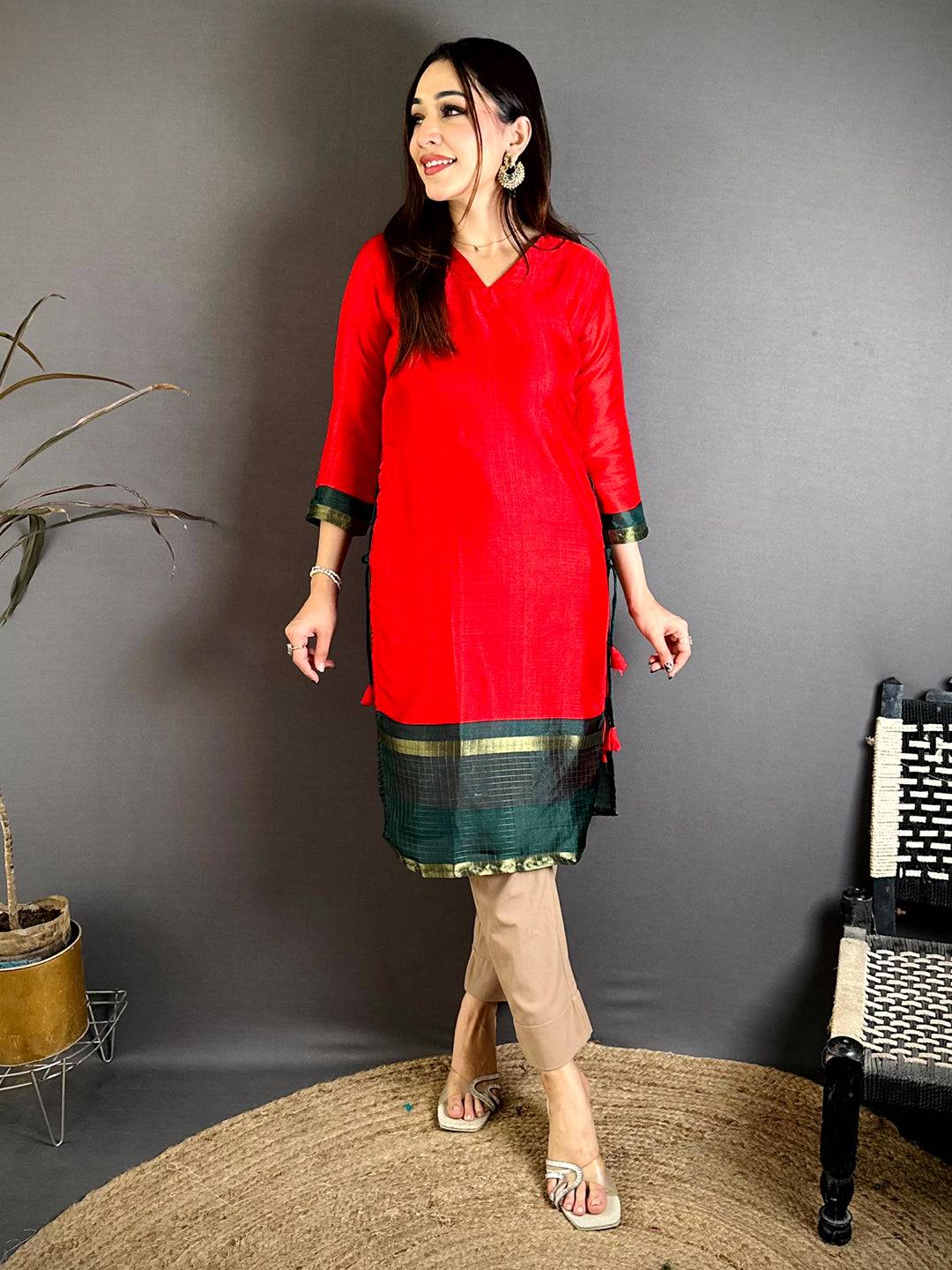 Red Soft Kota Crepe V Neck Kurti