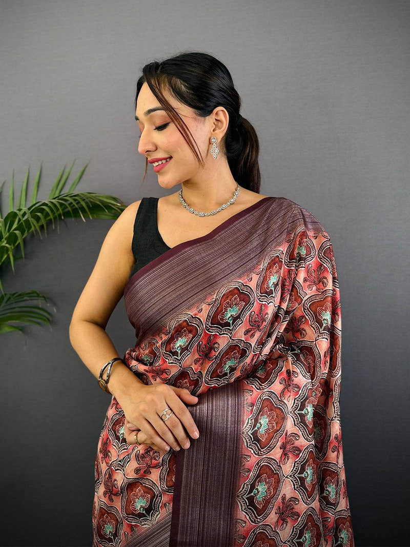 Peach Linen Block Kalamkari Print Saree