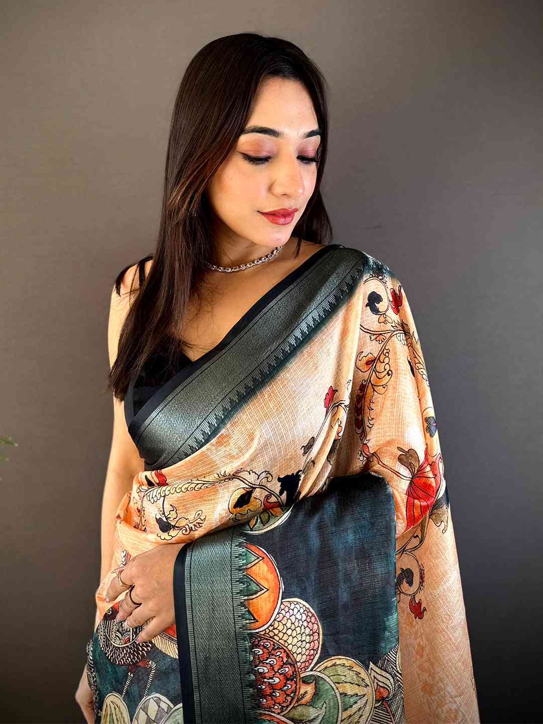 Peach Kota Doriya Zari Weave Digital Print Saree