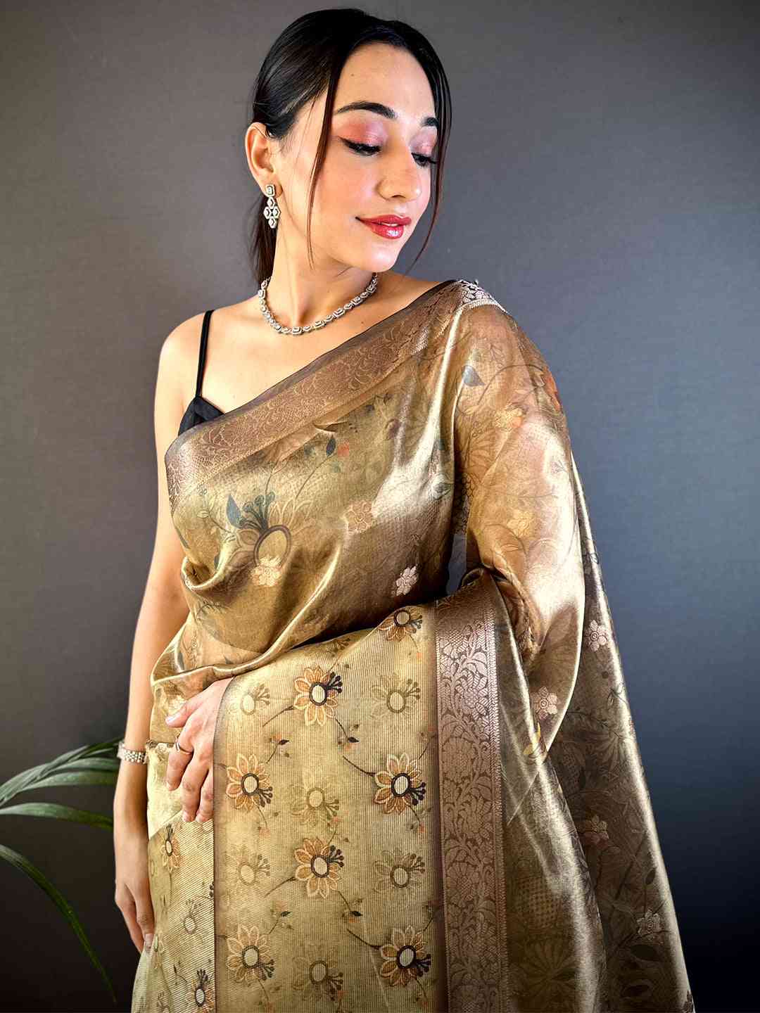 Light Pista Floral Satin Bentex Border Saree