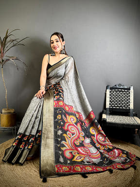 Stylish Zari Katha Pattern Kalamkari Saree