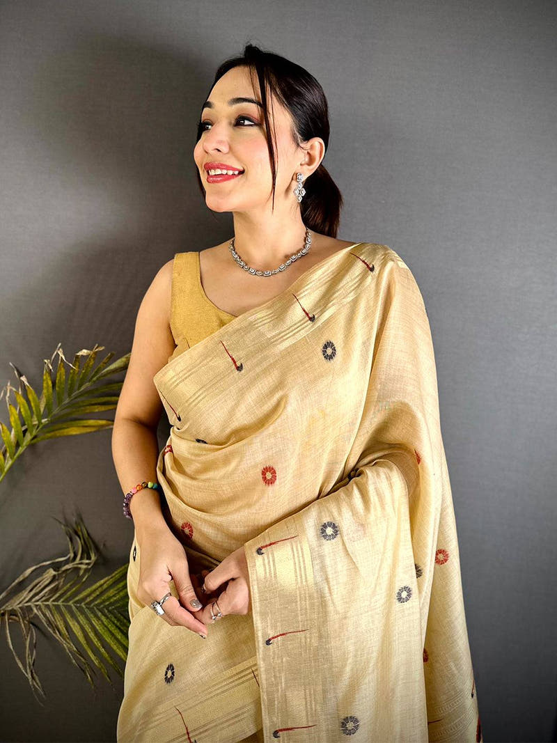 Aura Cream Minakari Butti Linen Saree


