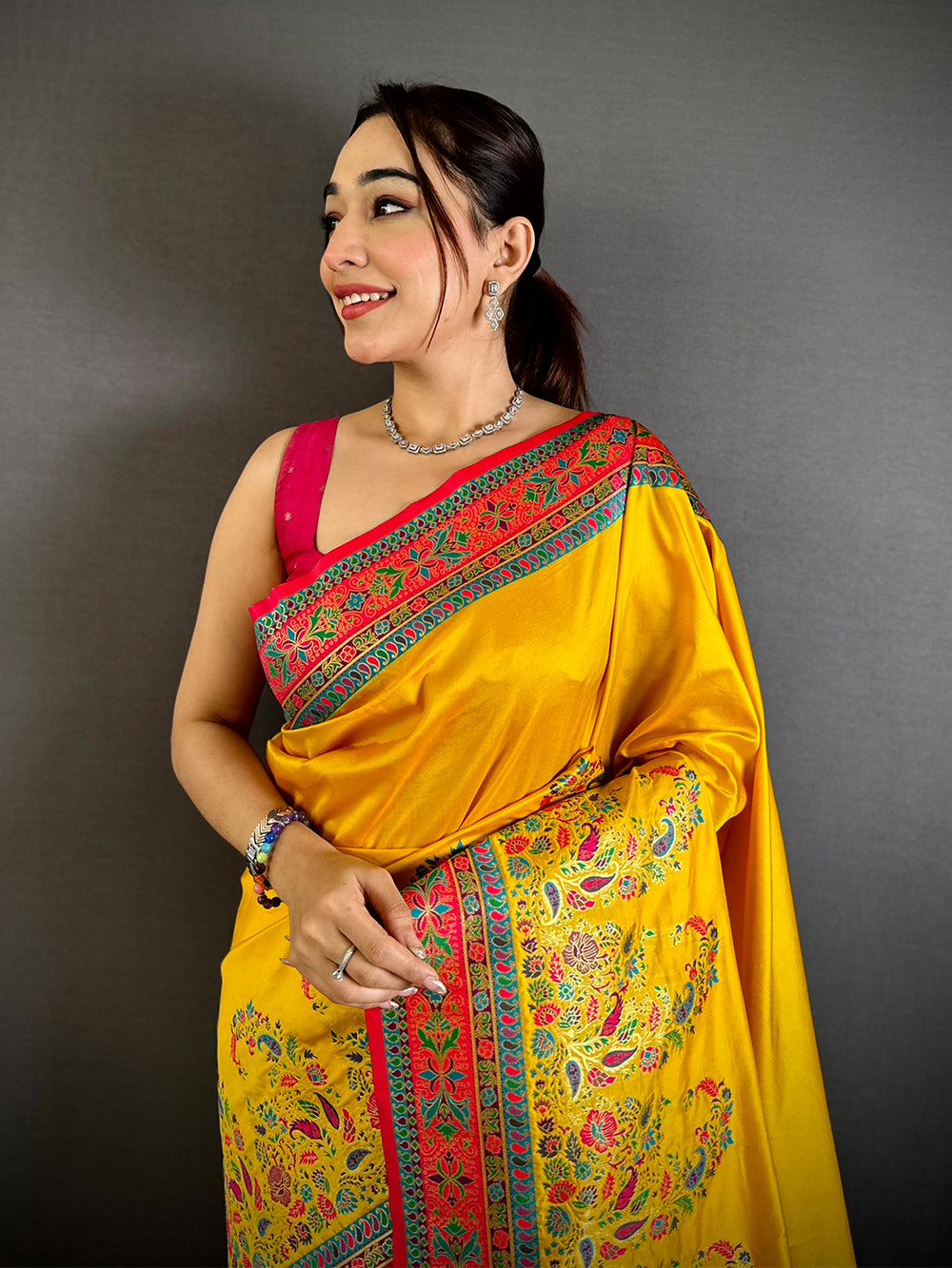 Yellow Kashmiri Pashmina Semi Silk Saree