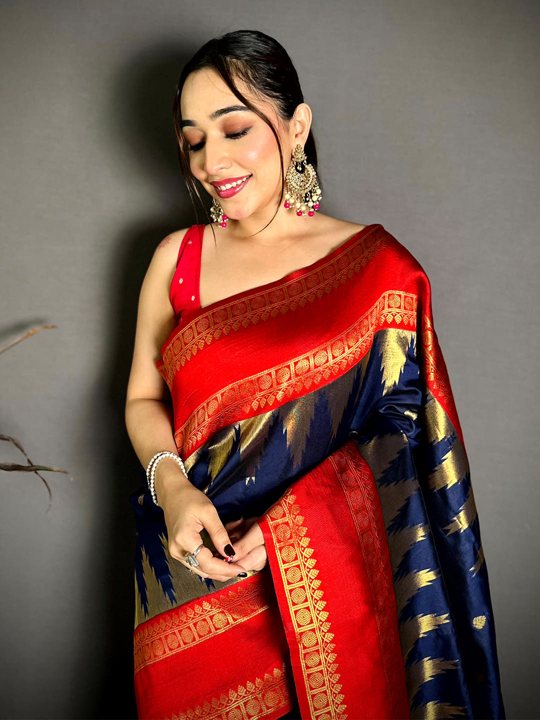 Navy Blue Rudraksha Temple Weave Katan Silk Saree