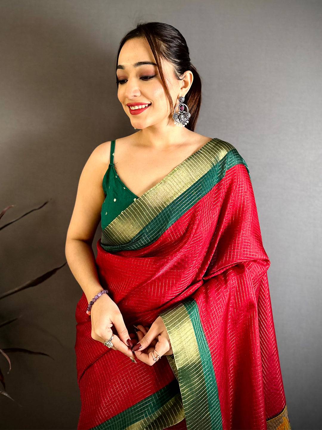 Red Tussar Zari Chex Kalamkari Saree