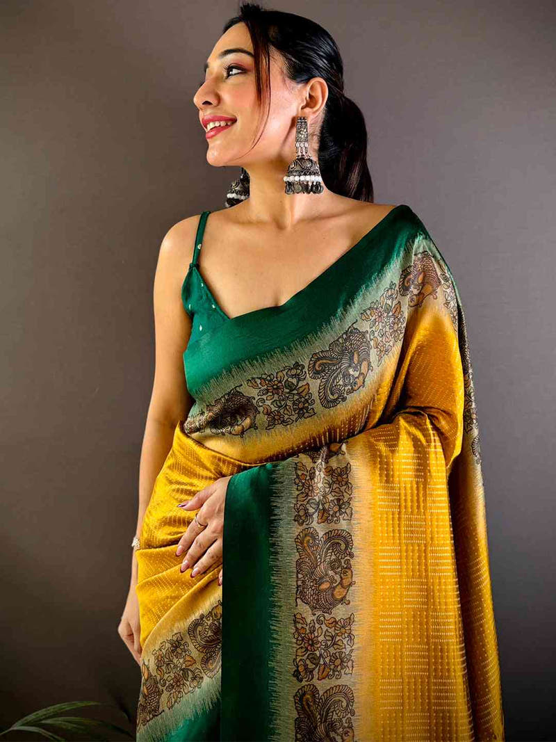 Mustard Soft Silk Kalamkari Pallu Saree