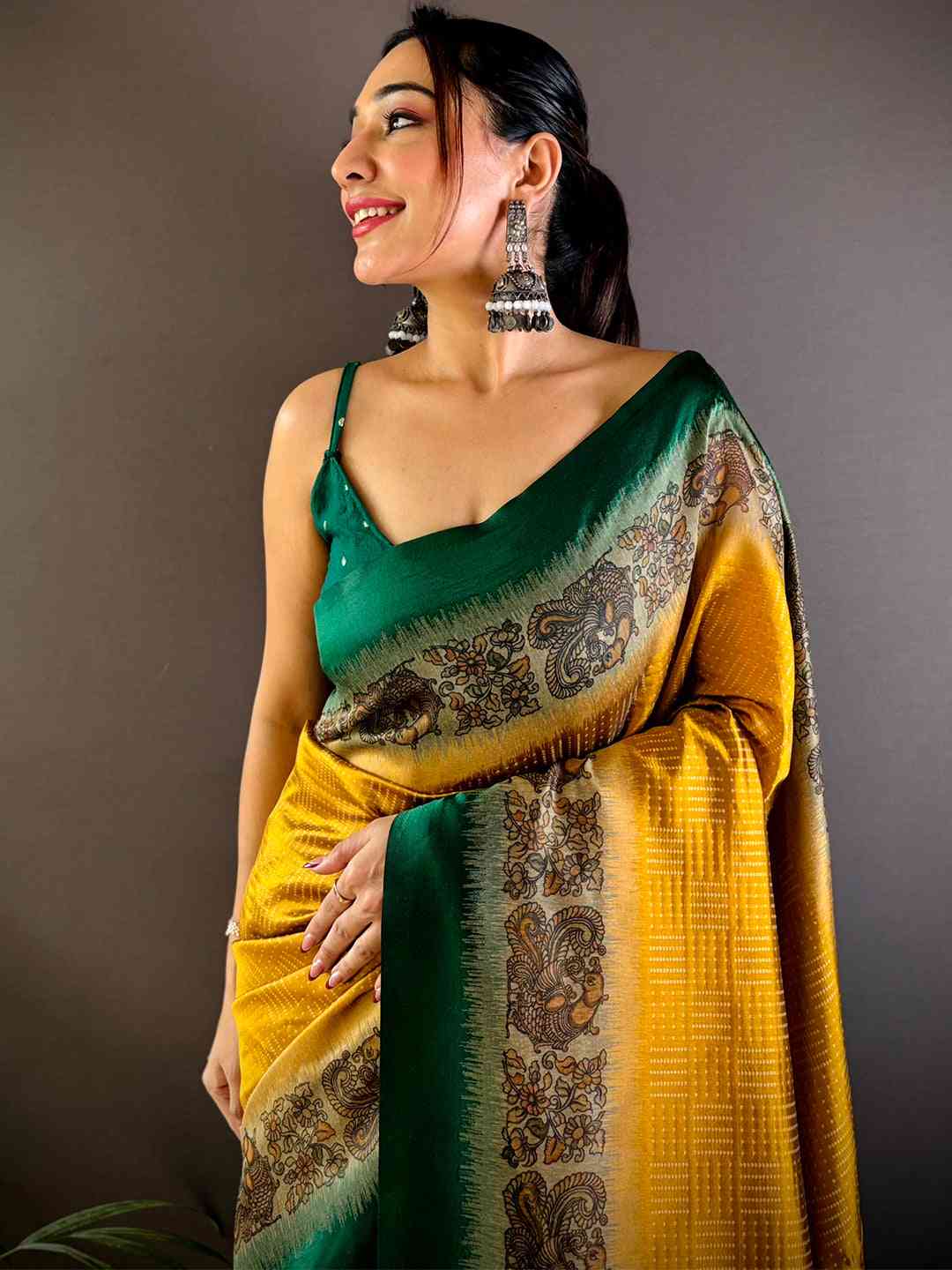 Mustard Soft Silk Kalamkari Pallu Saree