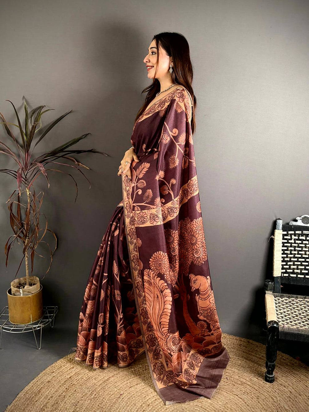 Brown Soft Tussar Kalamkari Print Saree