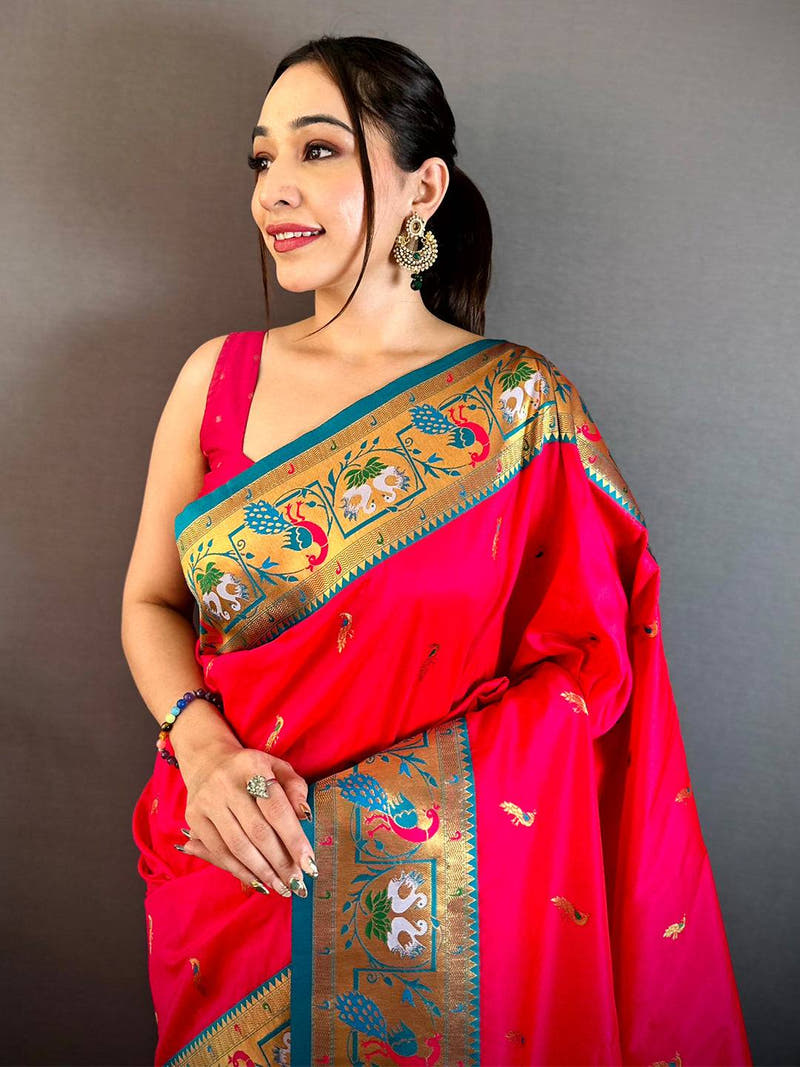 Rani Pink Minakari Tall Border Soft Silk Saree