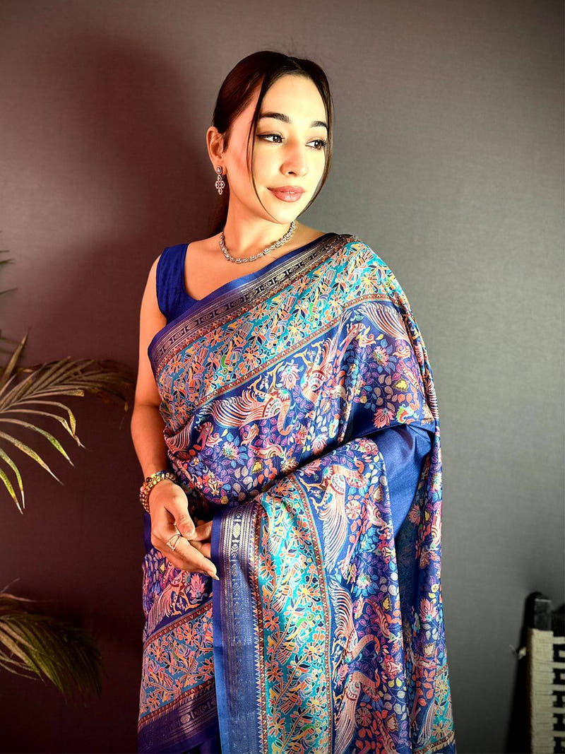Royal Blue Kashmiri Kalamkari Soft Silk Saree


