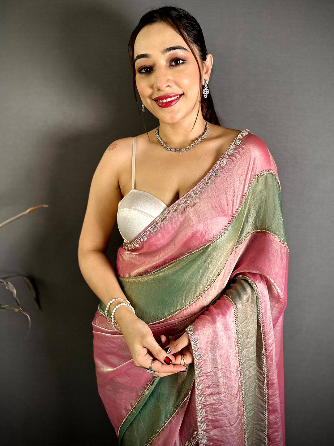 Opulent Satin Tissue Diamond Work Saree