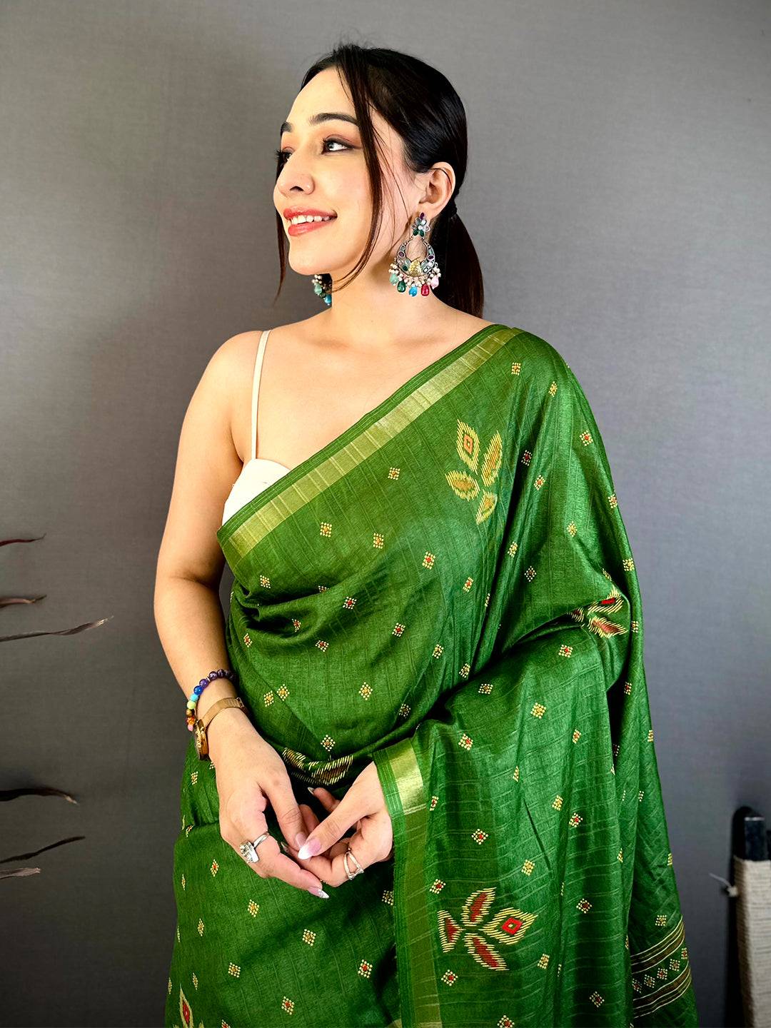 Green Tussar Ghicha Weave Print Saree