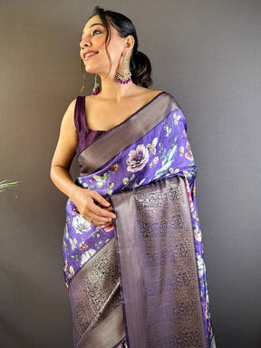 Lavender Satin Silk Floral Print Saree
