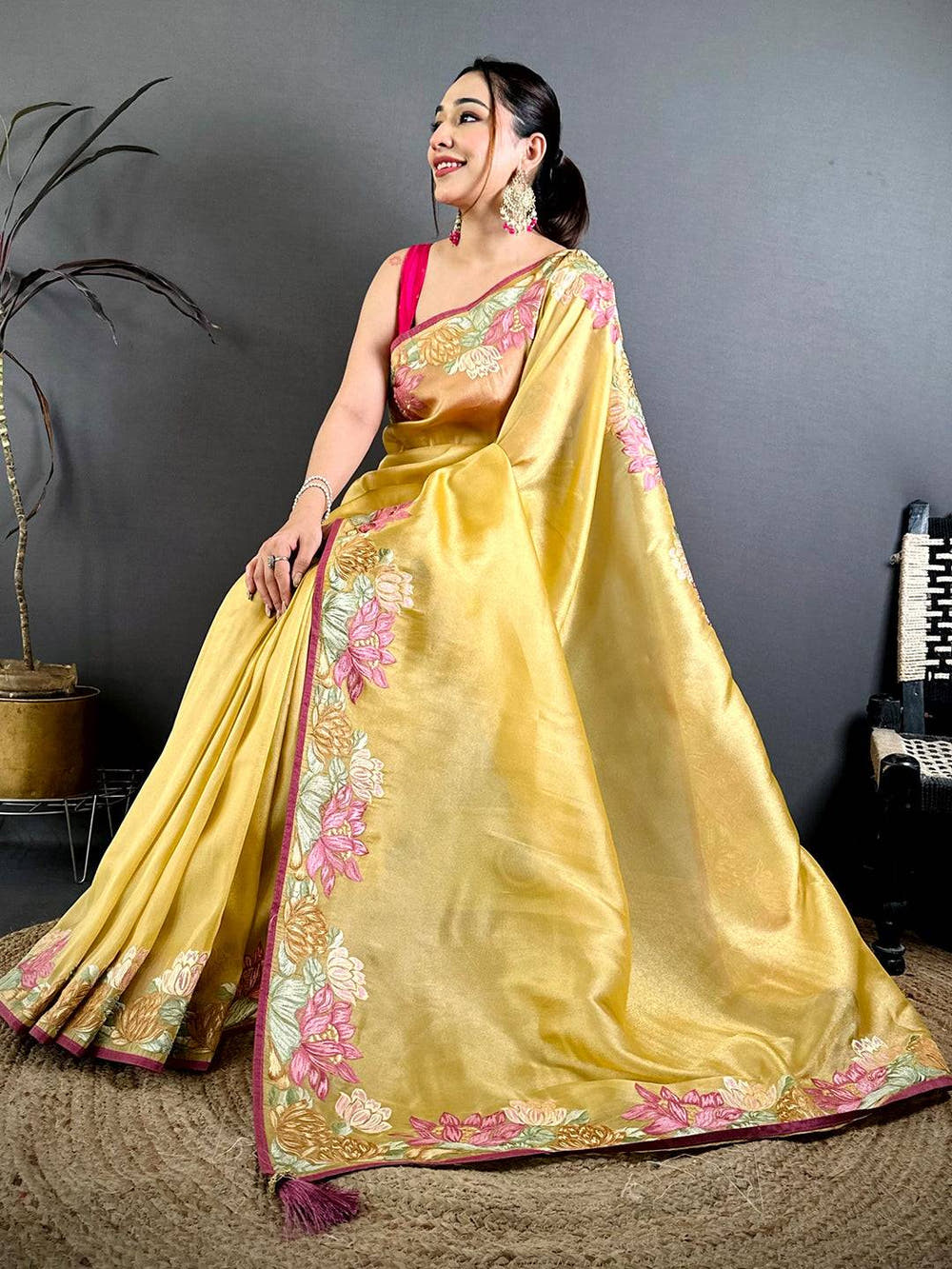 Mustard Silky Tissue Resham Border Saree