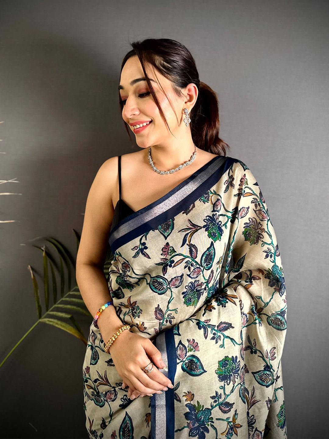 Navy Floral Phulkari Mul Cotton Saree