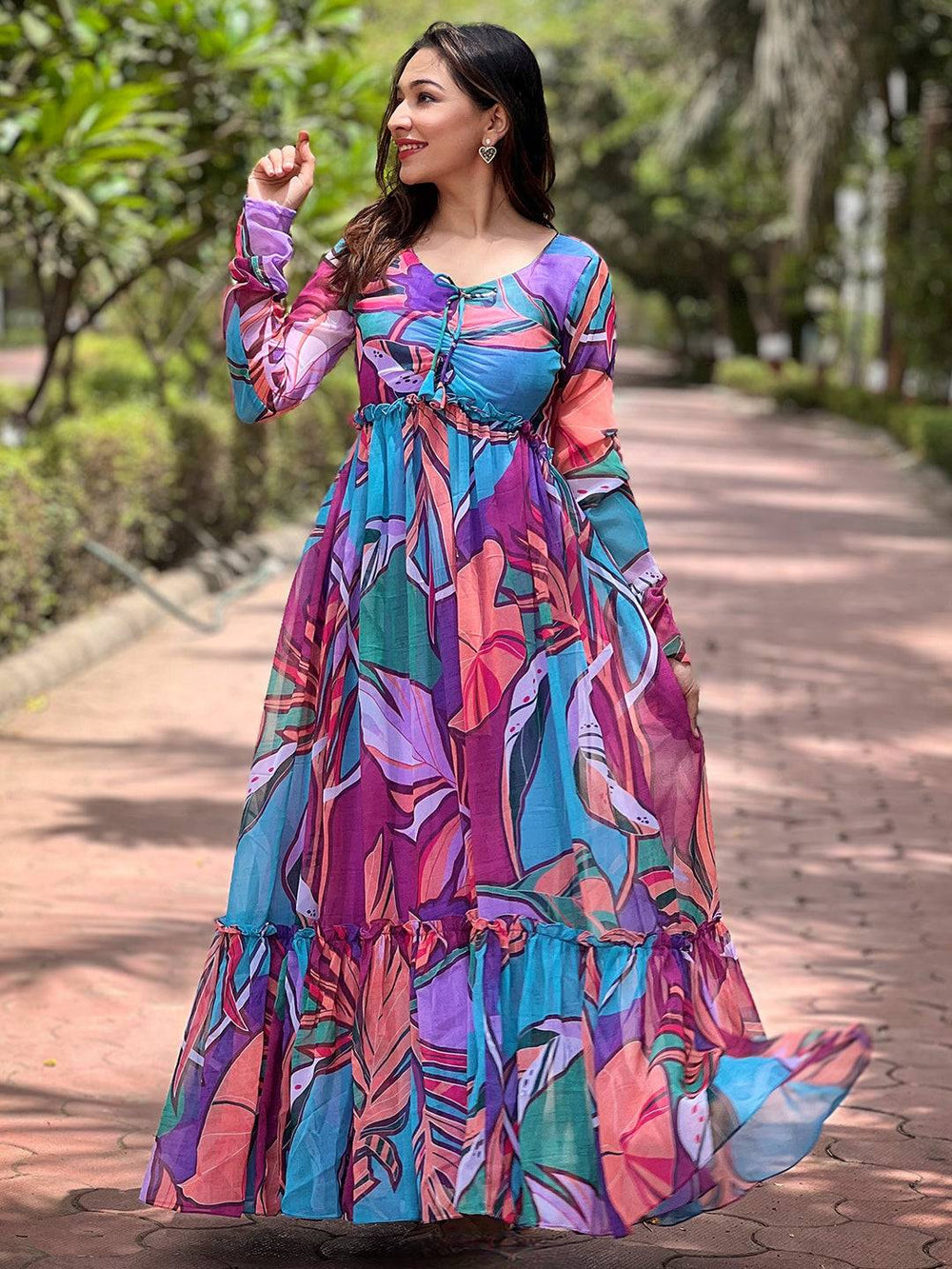 Lust Lavender Abstract Print Dress flowing outdoors