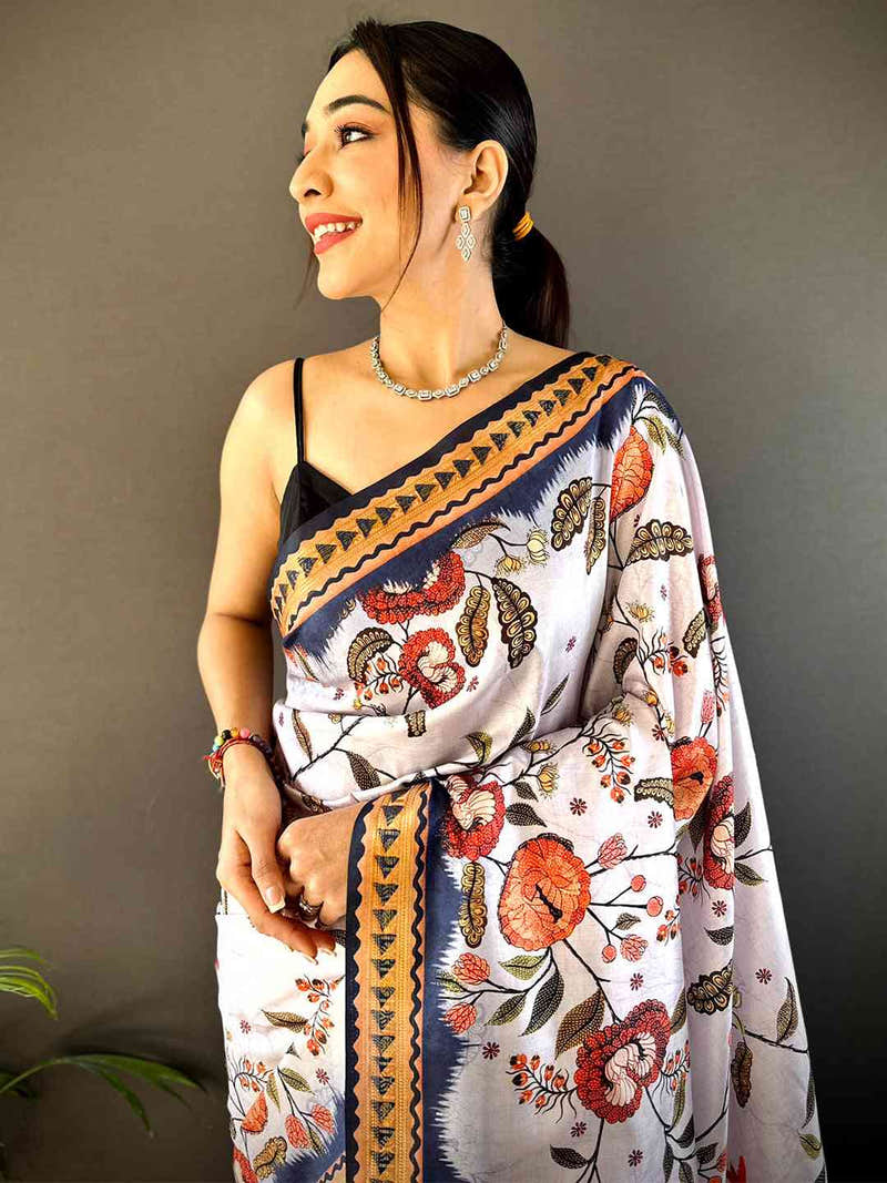 Off White Soft Silk Floral Saree