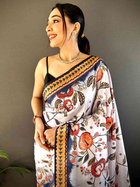  Off White Soft Silk Floral Saree Online in India
