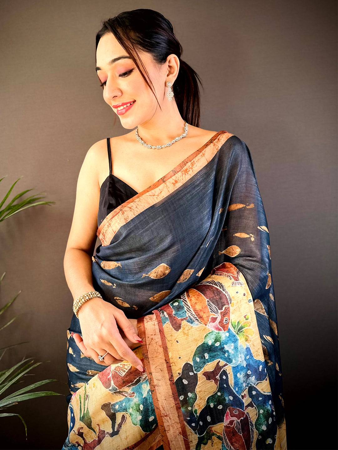 Navy Chanderi Floral Kalamkari Digital Print Saree