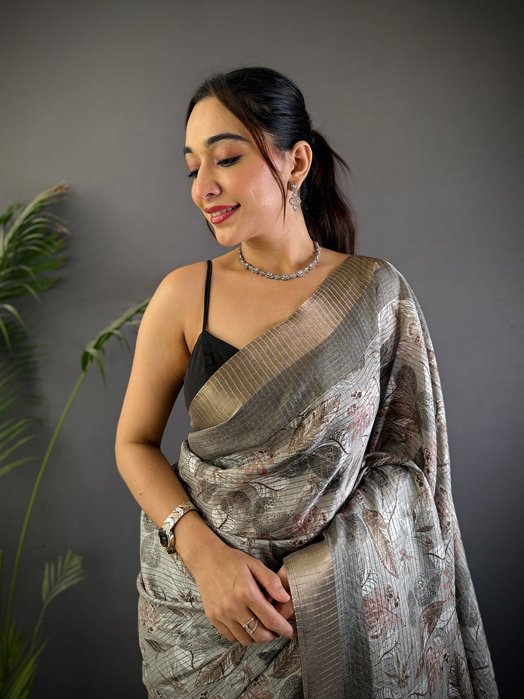 Grey Tussar Chex Floral Print Saree