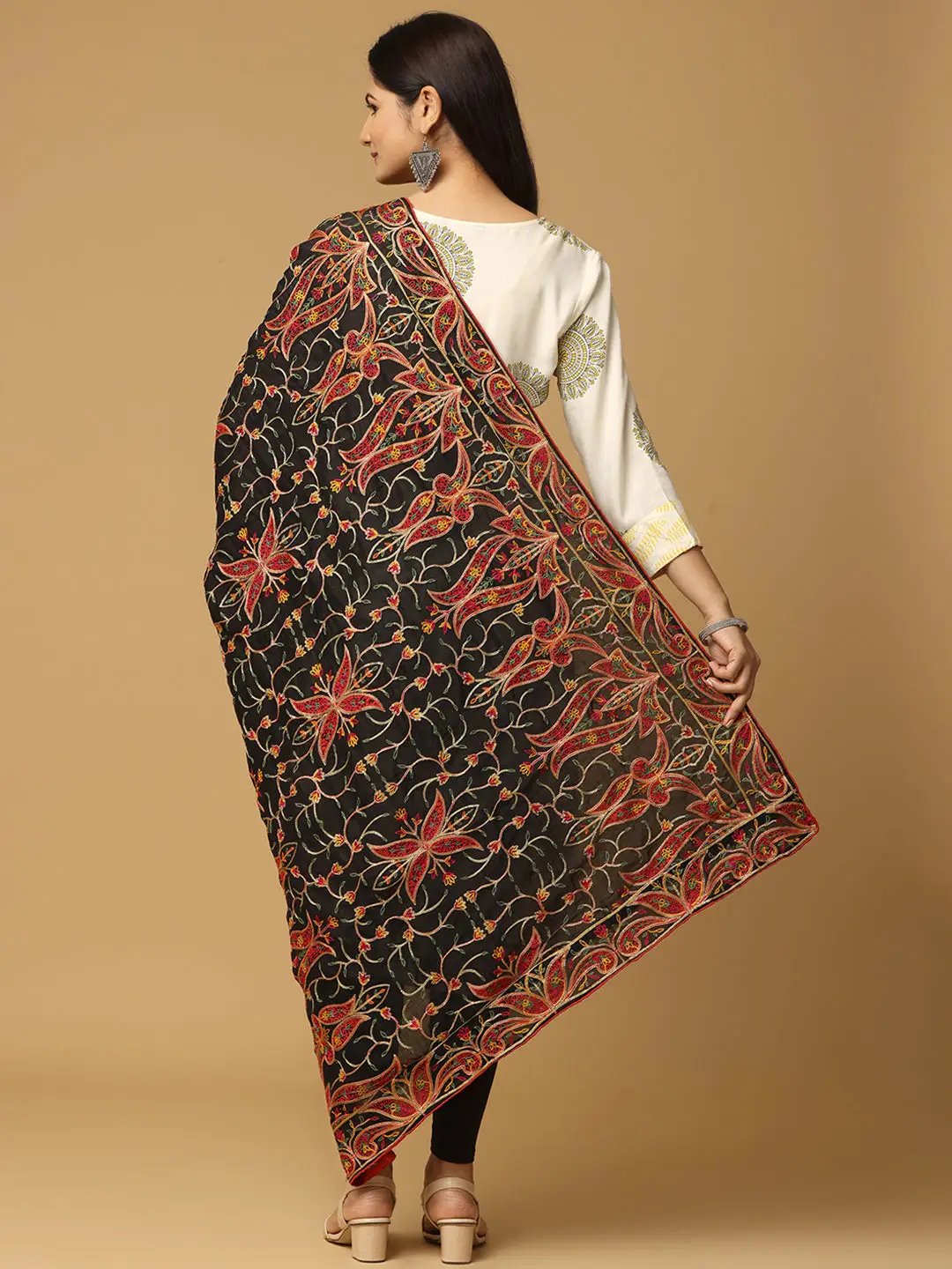 Back view of Black Poly Chiffon Pashmina Dupatta with embroidery