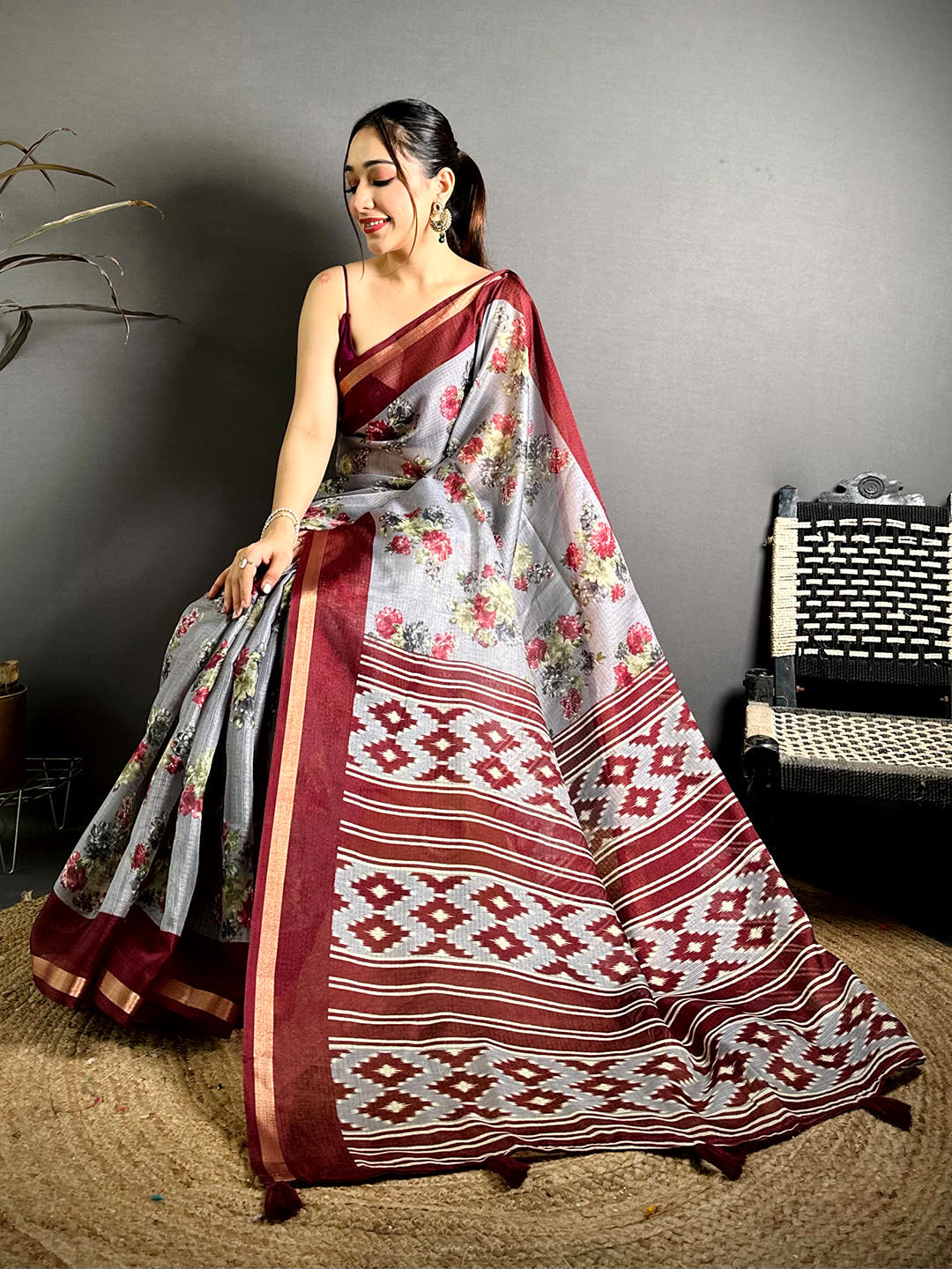 Stylish Kota Doriya Printed Floral Saree