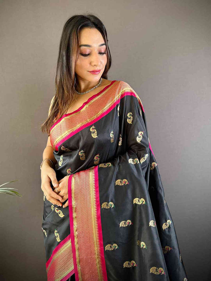 Traditional Black Colour Yevla Paithani Minakari Work Silk Saree