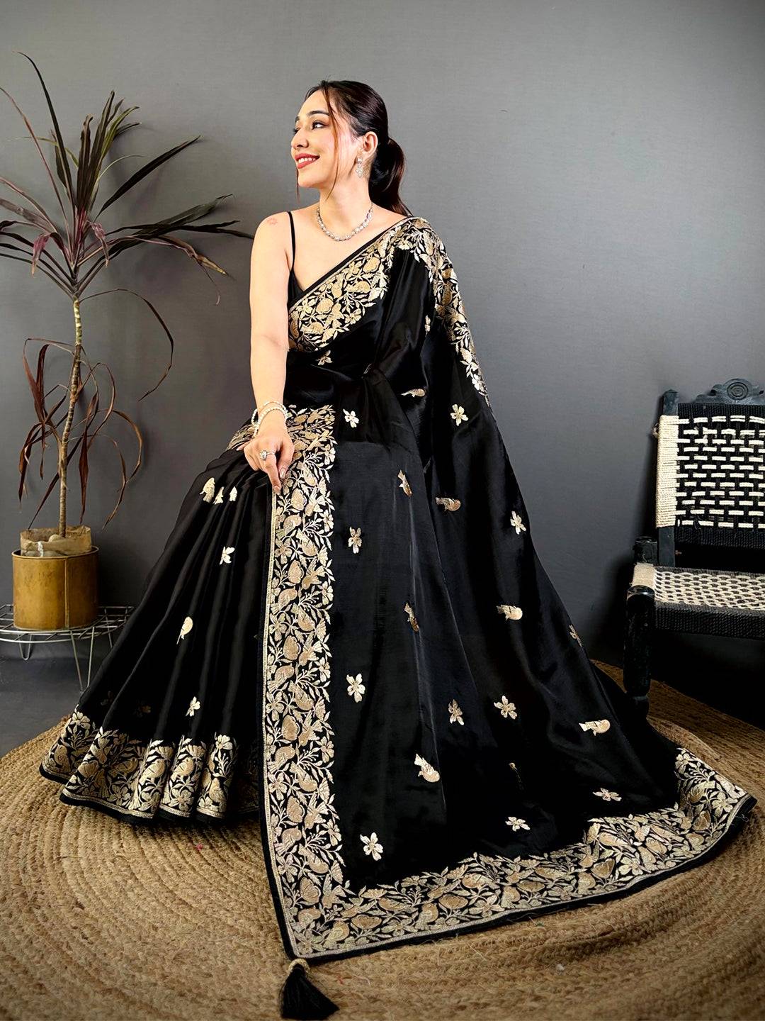 Black Aari Bird Work Soft Satin Saree