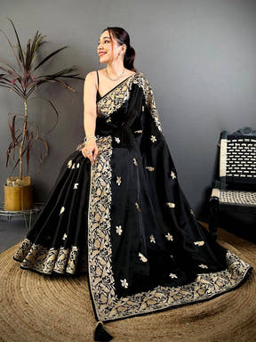 Black Aari Bird Work Soft Satin Saree