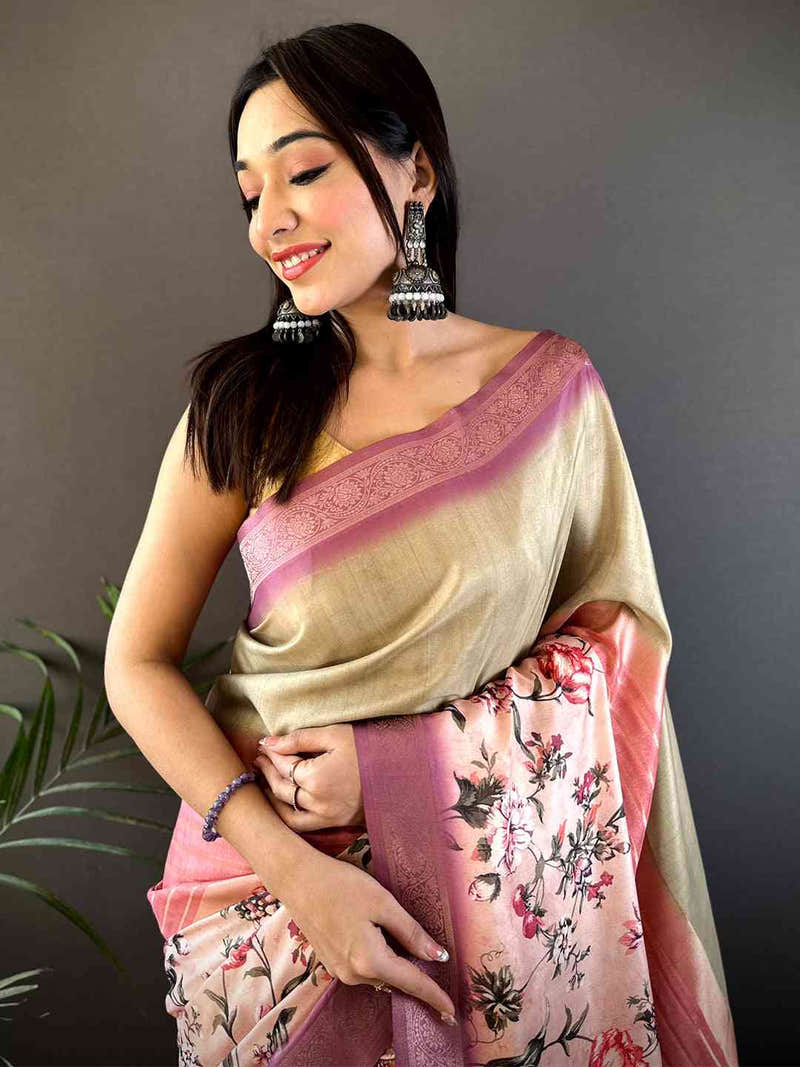 Beige Soft Silk Placement Digital Print Saree