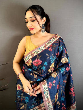 Navy Tussar Pen Kalamkari Print Saree